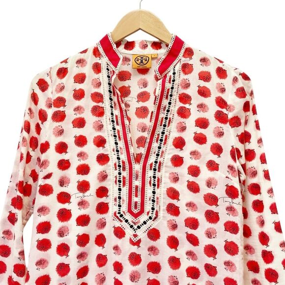 Tory Burch Tory Tunic in Tapioca Hedgehog Cotton Cream & Red Print Size 0 RARE - Picture 5 of 14
